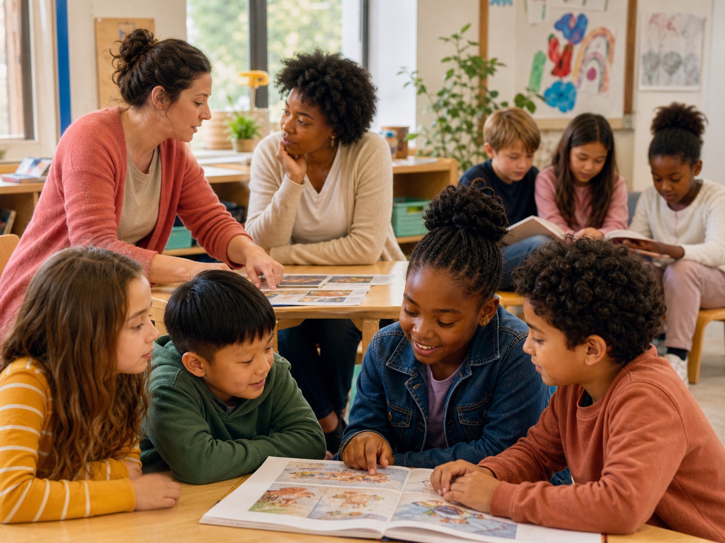 Educators and children sharing a classroom reading activity
